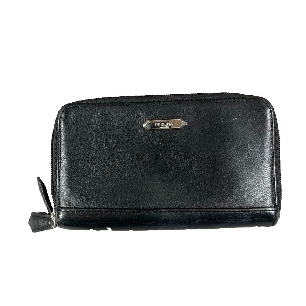 Perlina New York Black Soft Leather Zipper Wallet Clutch NWOT